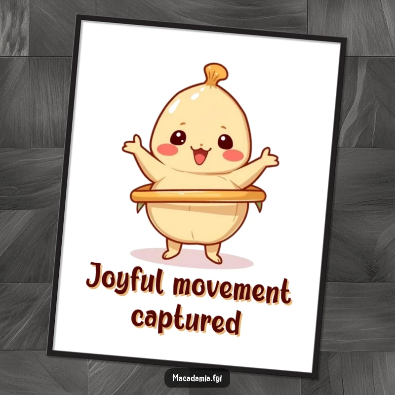 Funny digital art print of a kawaii macadamia nut cheerfully spinning a hula hoop, providing an instant download of energetic and humorous decor.