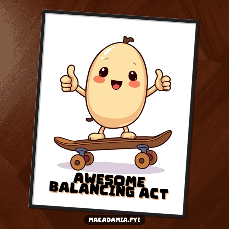 Funny digital art print of a kawaii macadamia nut giving a thumbs up while balancing on a skateboard, providing an instant download of cool and humorous decor.
