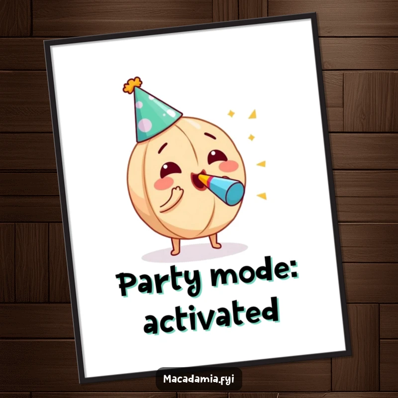 Funny macadamia nut wearing a party hat, enthusiastically blowing a noisemaker, as a printable digital art piece for décor.