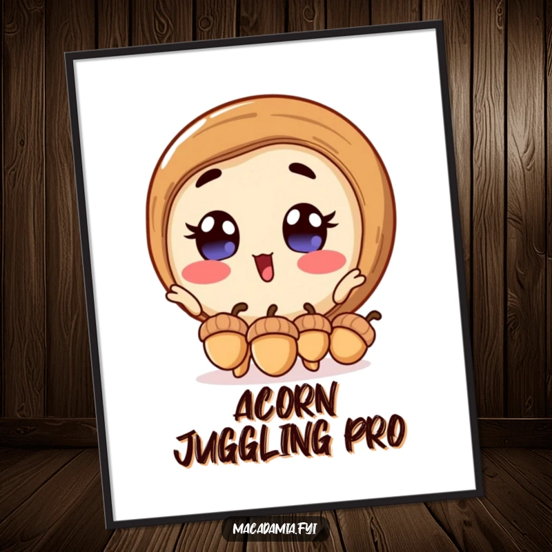 Funny macadamia nut digital art print of an excited macadamia nut juggling acorns, offering instant humorous and talented decor.