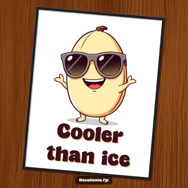 Funny macadamia nut digital art print of a grinning nut in sunglasses, posing playfully to add cool vibes.