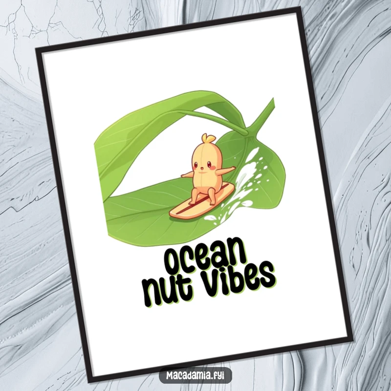 Funny Macadamia Nut character surfing a giant green leaf in a gentle breeze, offering instant tropical, humorous wall decor.