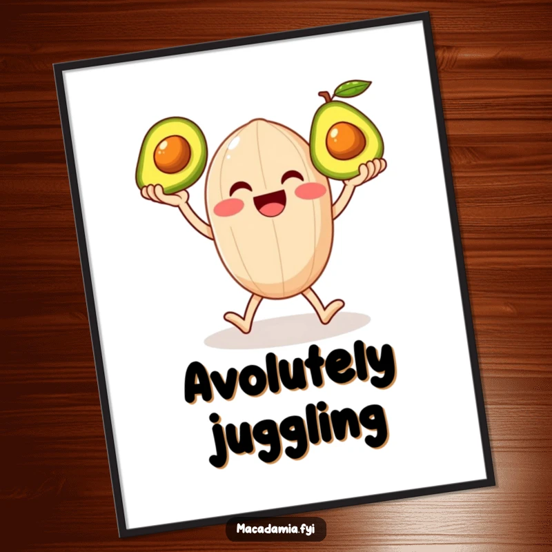 Funny digital art print of a smiling macadamia nut character on legs happily juggling three shiny avocados, showcasing vibrant fun.