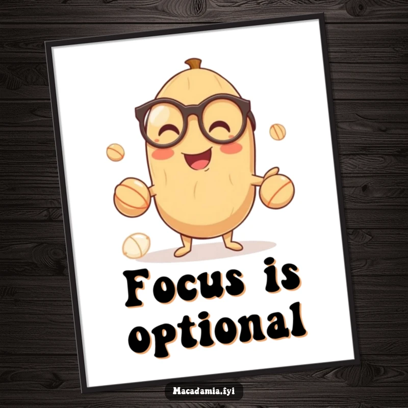 Funny digital art print of a smiling macadamia nut in glasses, gleefully juggling smaller nuts, symbolizing smart and playful decor.