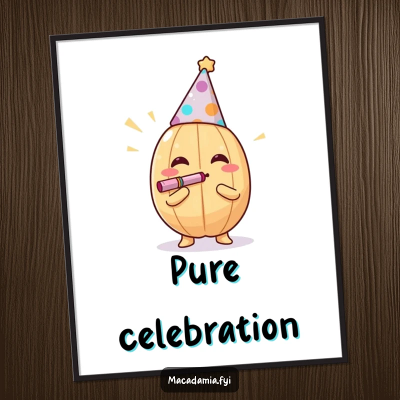 Funny macadamia nut with party hat blowing a noisemaker exuberantly, presented as a downloadable digital art print, a funny gift.