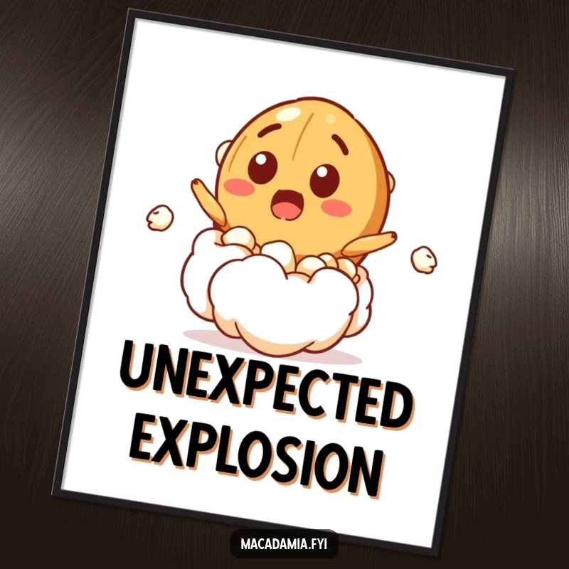 Funny digital art print of a macadamia nut character bursting from a popcorn kernel with a surprised grin, capturing surprising and humorous decor.