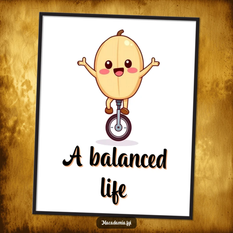 Funny digital art print of a macadamia nut with arms outstretched, joyfully riding a unicycle, capturing adventurous and humorous decor.