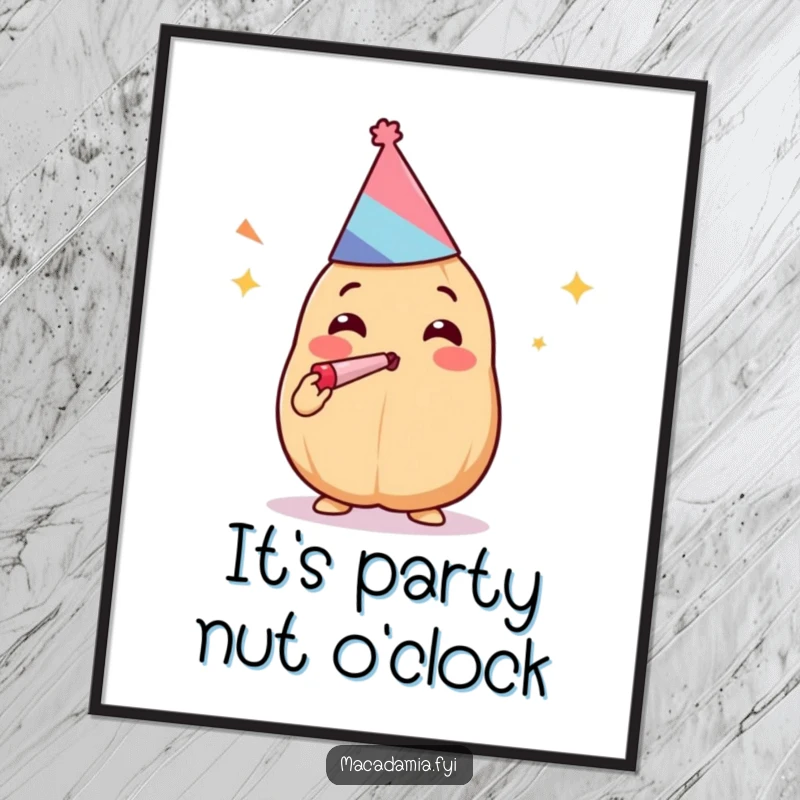 Funny Kawaii macadamia nut blowing a noisemaker excitedly, wearing a party hat, available as a digital art print.