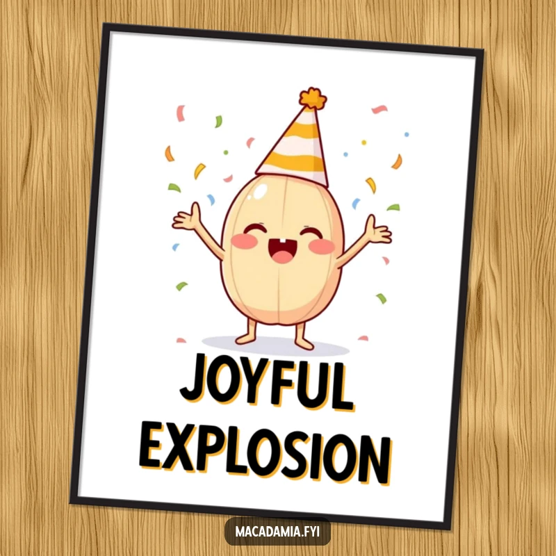 Funny macadamia nut in a party hat excitedly tosses confetti, digital art for instant celebration.