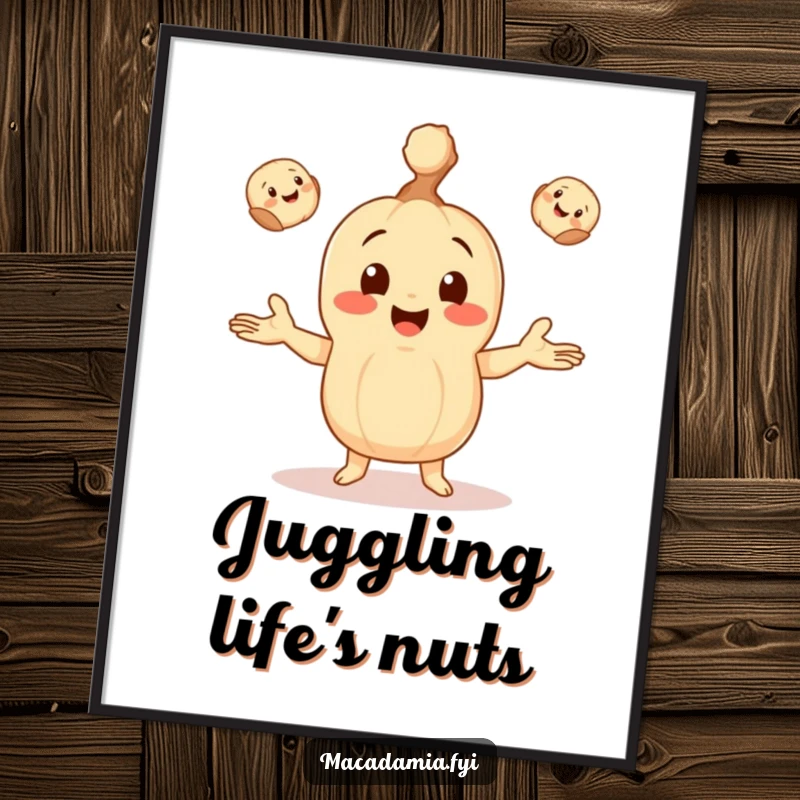 Funny digital art print of a macadamia nut character happily juggling three tiny, smiling macadamia nuts for wall decor.
