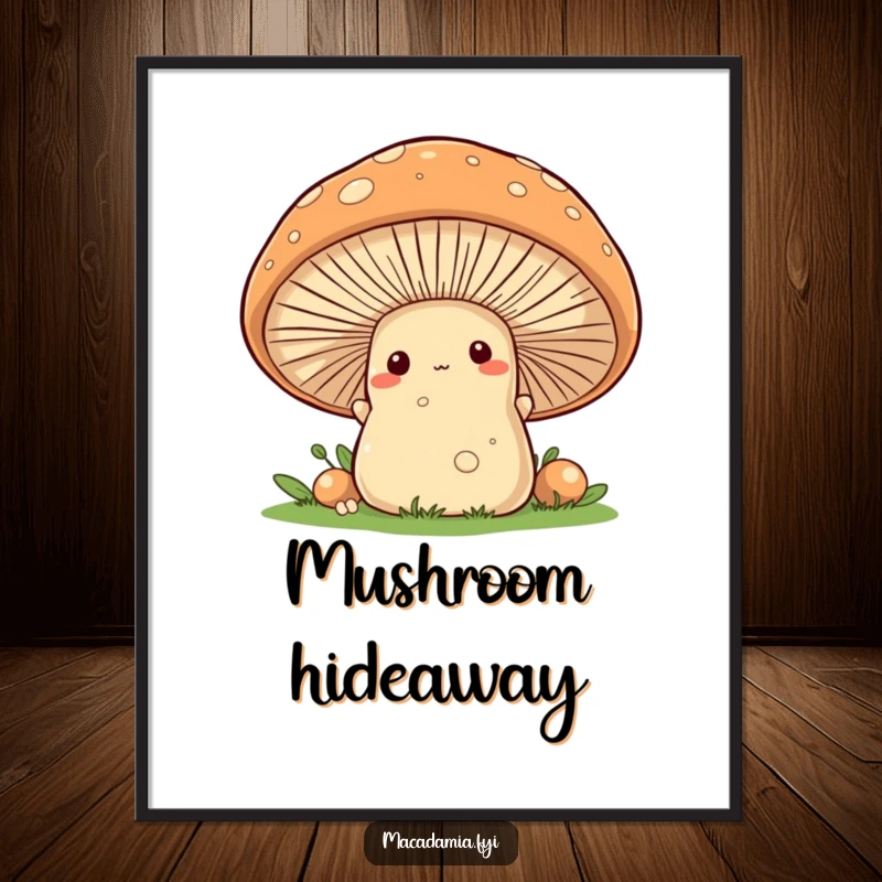 Funny macadamia nut character peeking from behind a large, friendly mushroom, digital art print.
