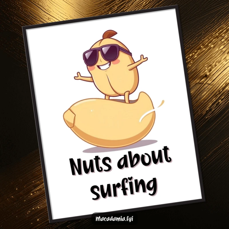 Funny Surfing Nut Digital Art Print of a grinning macadamia nut in sunglasses surfing on a giant cashew nut, for cool decor.