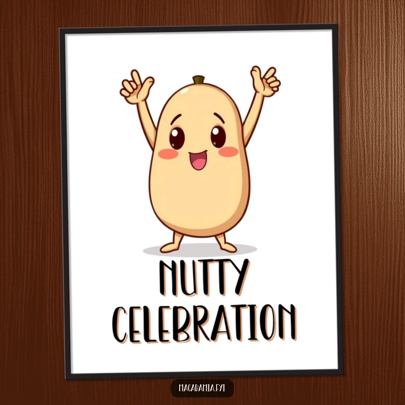 Funny macadamia nut character dancing triumphantly with arms raised high in a digital art print, captured celebration, a vibrant funny gift.