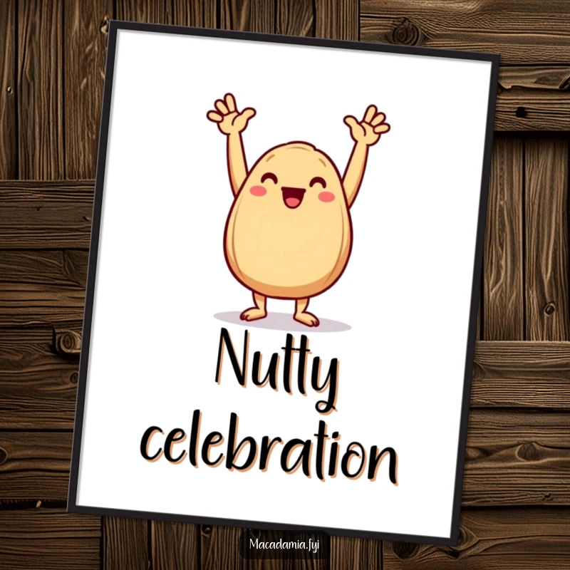 Funny Macadamia Nut Digital Art Print of a joyful nut doing a triumphant dance pose with arms in the air.