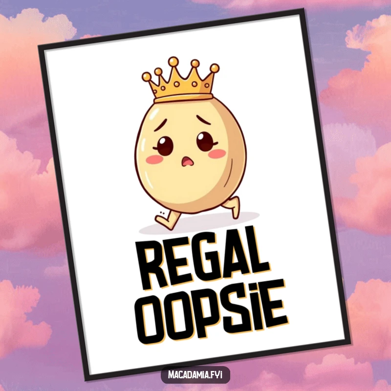 Funny macadamia nut digital art print of a crowned character tripping with surprise, perfect for immediate amusement.