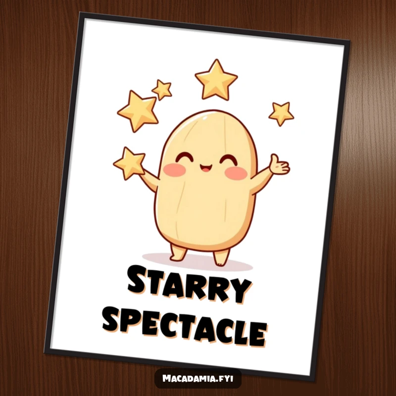 Funny macadamia nut digital art print of a rosy-cheeked character juggling sparkling stars, perfect for instant enchantment.