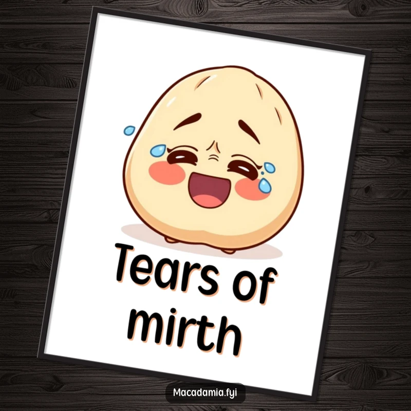 Funny digital art print of a macadamia nut character overcome with uncontrollable laughter, tears streaming from its expressive eyes.