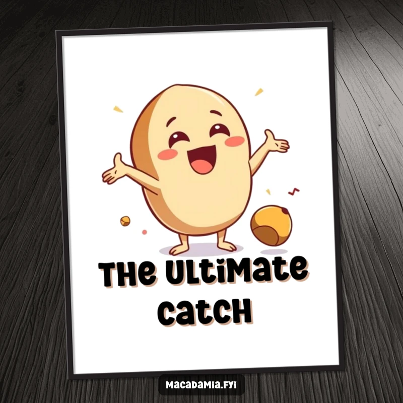 Funny Catch Nut Digital Art Print of an excited macadamia nut with arms outstretched, joyfully catching a falling nut, a symbol of luck.