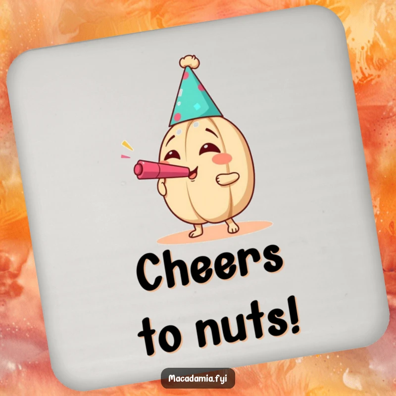 Funny Party Nut Coasters featuring a macadamia nut in a party hat blowing a noisemaker with exaggerated joy, offering festive protection.