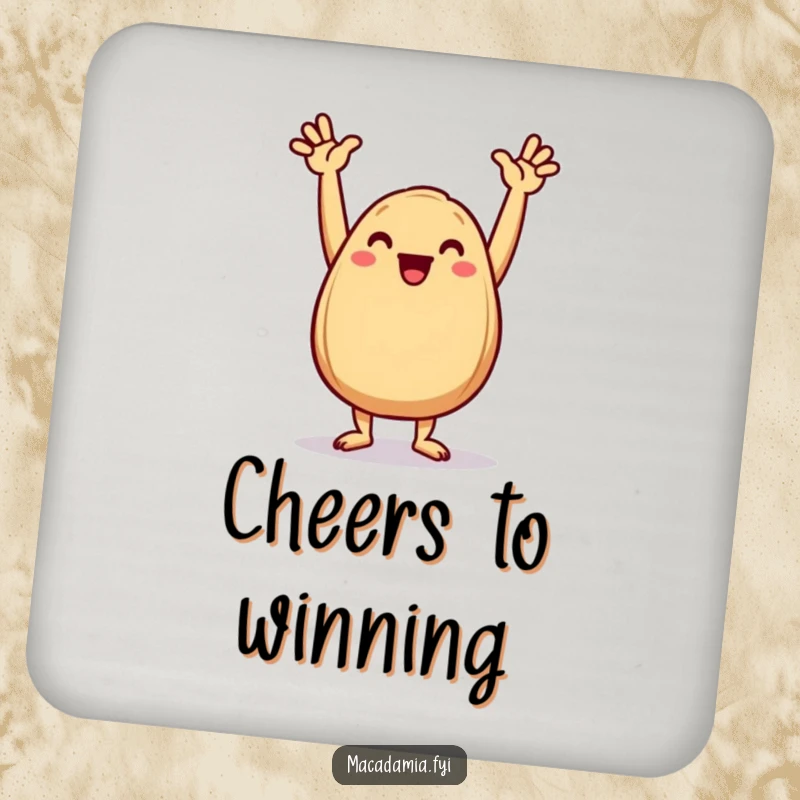 Funny Macadamia Nut Coaster featuring a joyful nut in a triumphant dance pose with arms in the air.