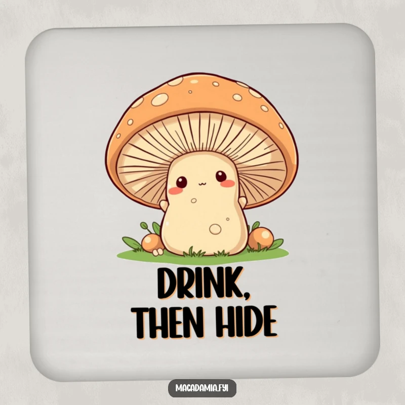 Funny macadamia nut character peeking from behind a friendly mushroom on a protective drink coaster.