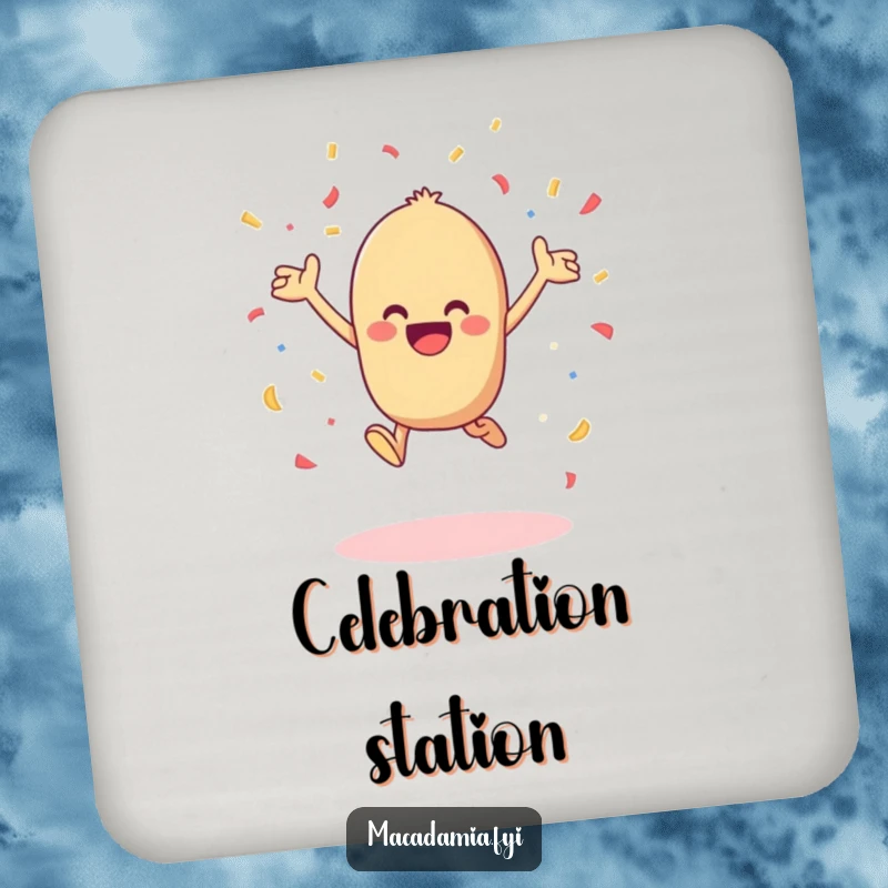 Funny kawaii macadamia nut leaping with joy and tossing confetti in the air, featured on this humorous protective coaster.