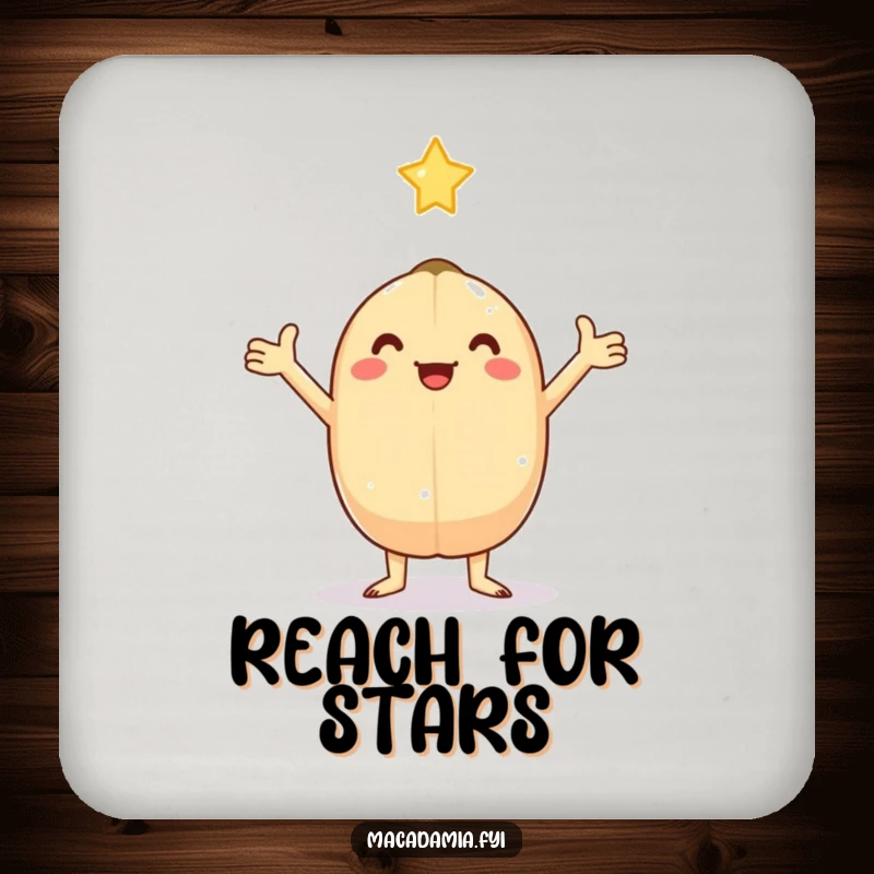 Funny kawaii macadamia nut with arms outstretched, catching a falling star, featured on this humorous protective coaster.