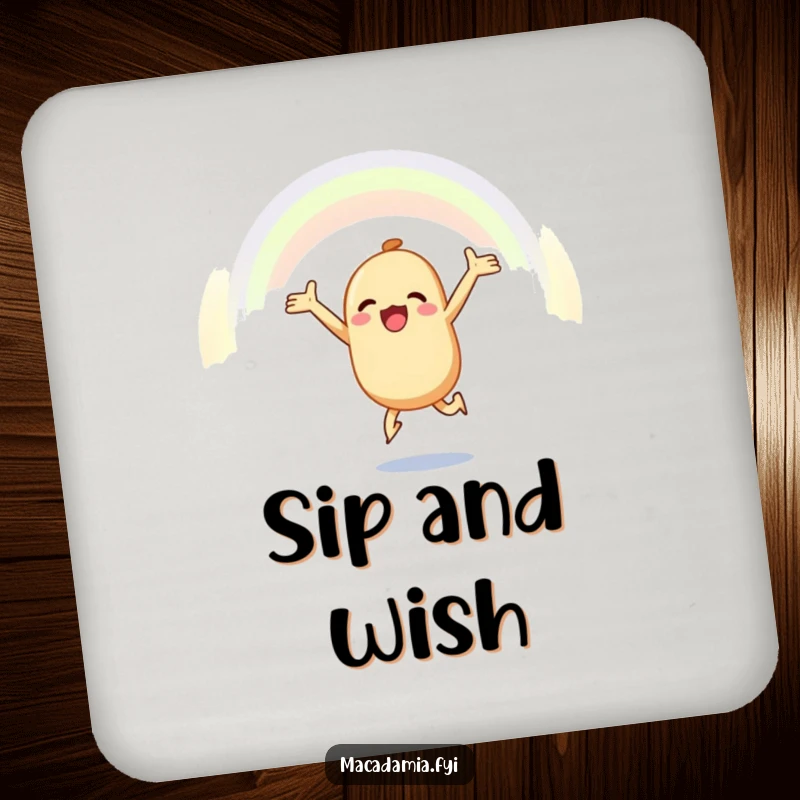 Funny macadamia nut drink coaster showcasing a macadamia nut leaping joyfully towards a rainbow, protecting furniture with optimistic charm.