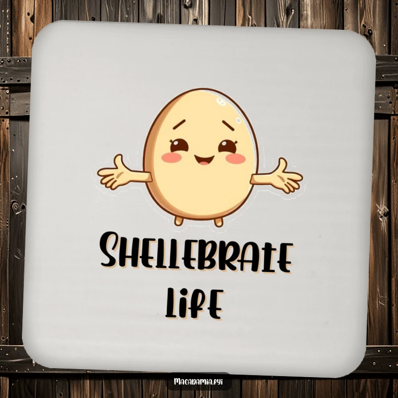 Funny macadamia nut character shrugging on drink coasters, adding humorous protection to surfaces.