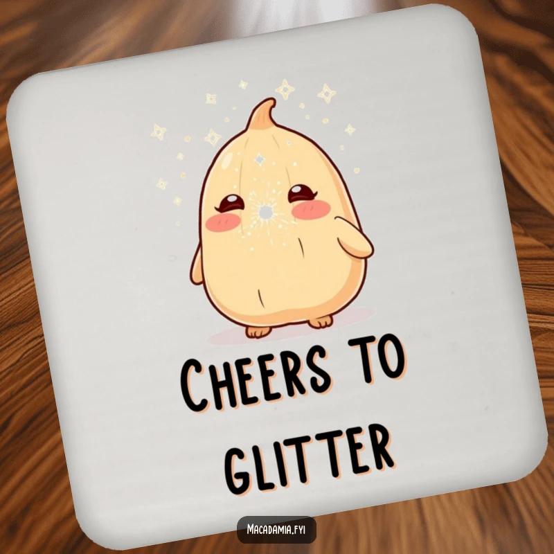 Funny macadamia nut character sneezing a whimsical cloud of sparkle dust onto a protective drink coaster.