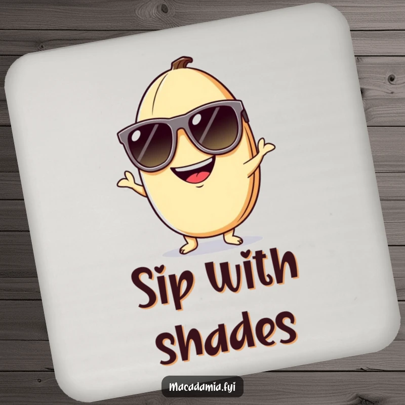 Funny macadamia nut coaster featuring a cool nut in oversized sunglasses with a silly grin, protecting surfaces with humor.