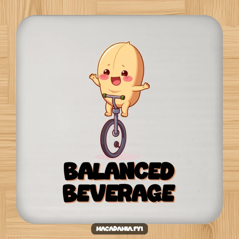 Funny macadamia nut character riding a unicycle, depicted on protective drink coasters.