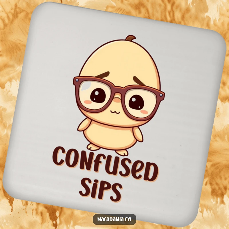 Funny Nut Coasters: A macadamia nut character with oversized glasses looks confused but amused, adding humor and protecting surfaces.