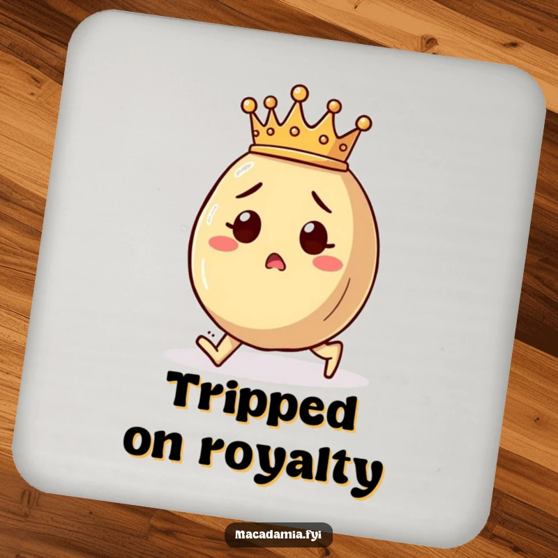 Funny macadamia nut coaster depicting a crowned character tripping with surprise, a humorous accessory for drinks.
