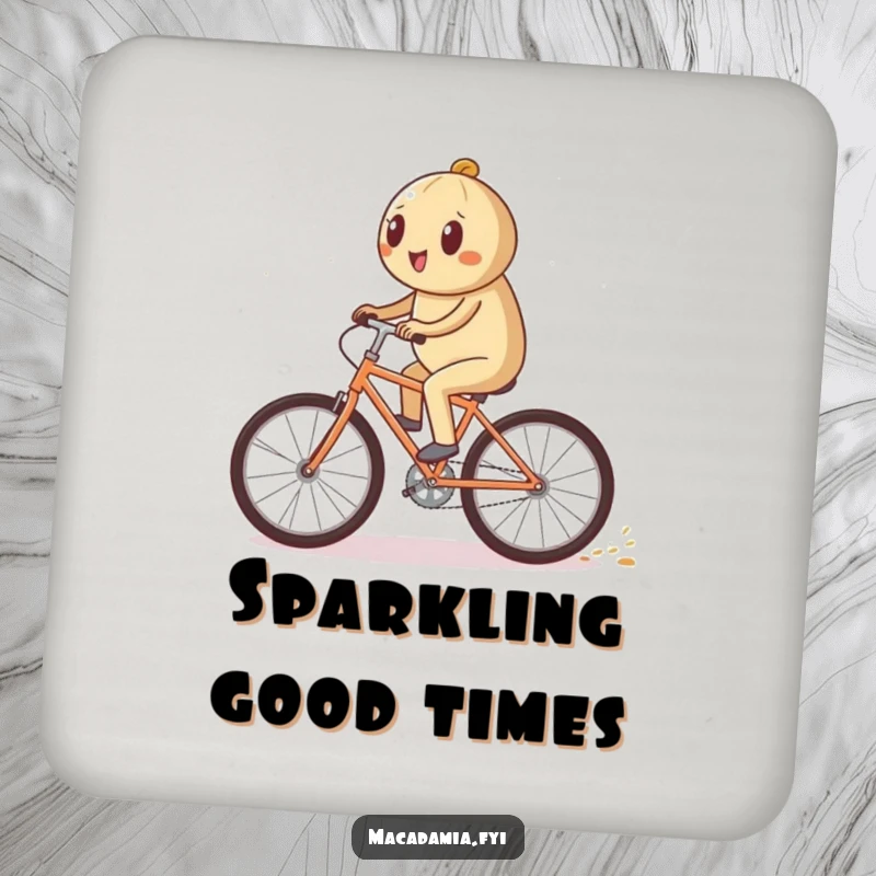 Funny macadamia nut character riding a bicycle quickly on a drink coaster, leaving a sparkling trail, a fun funny gift.