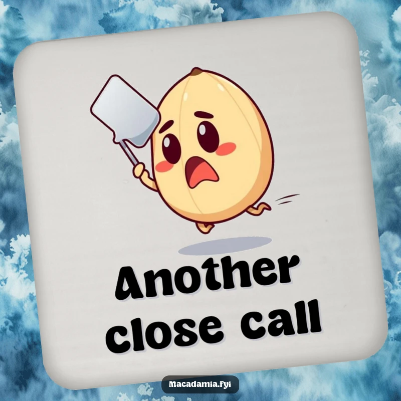 Funny Macadamia Nut Coaster depicting a surprised nut dramatically dodging a flying spatula.