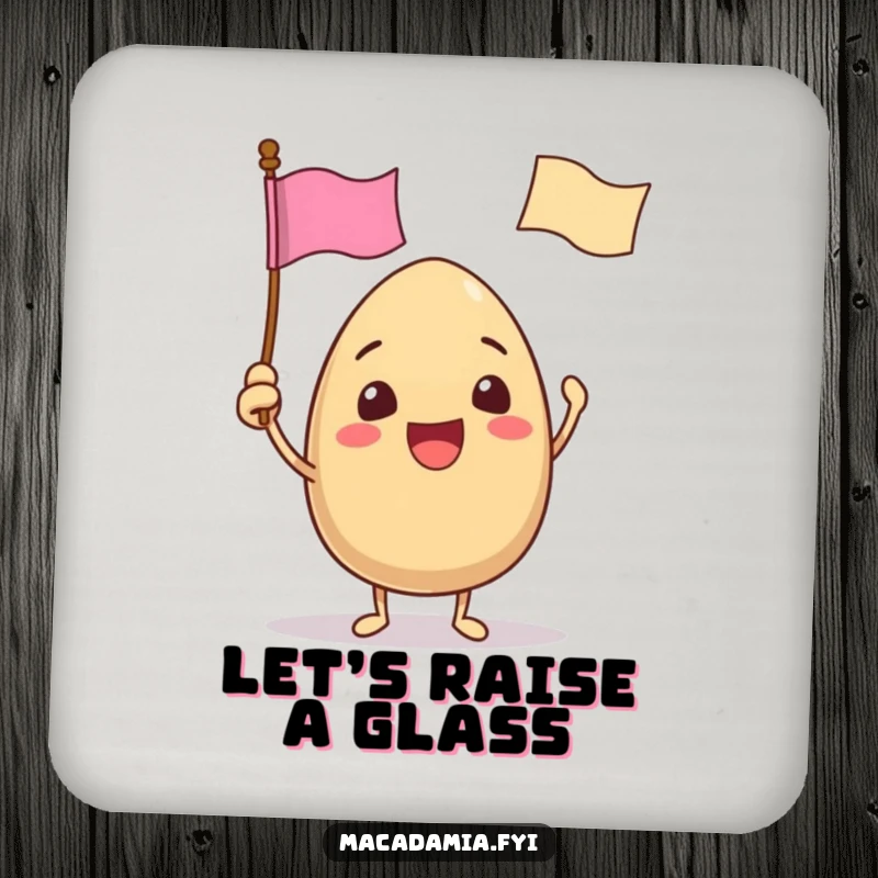 Funny drink coaster with a macadamia nut character excitedly waving a tiny flag with a funny face, adding festive charm.