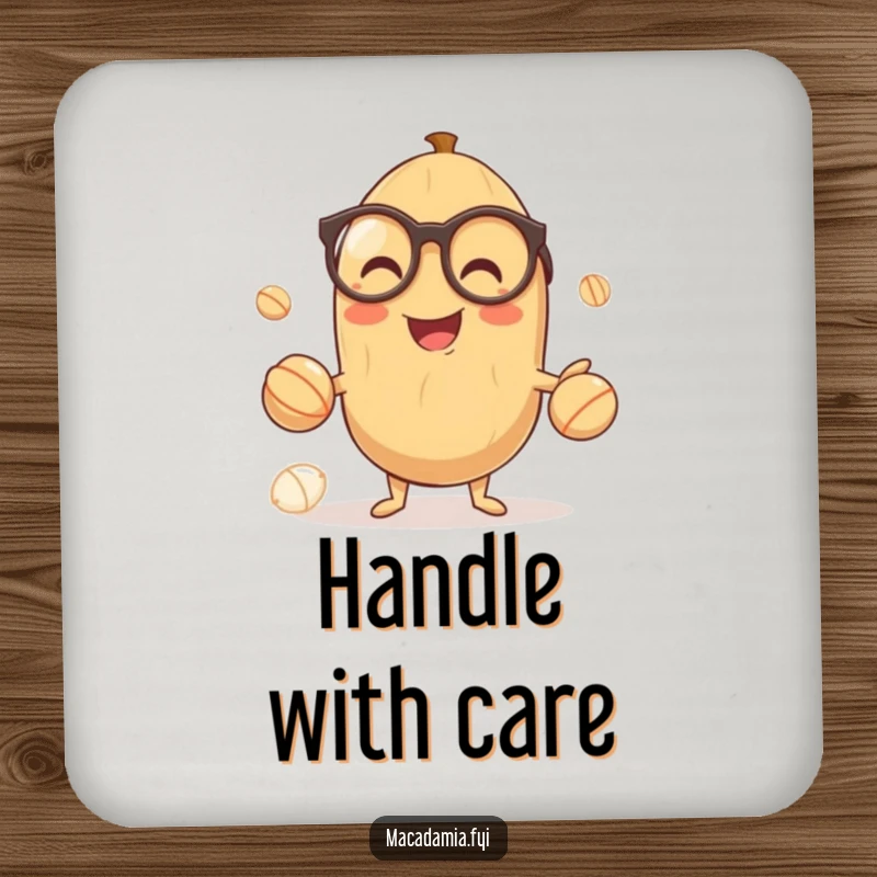 Funny drink coaster featuring a smiling macadamia nut in glasses, gleefully juggling smaller nuts, adding smart humor to tables.