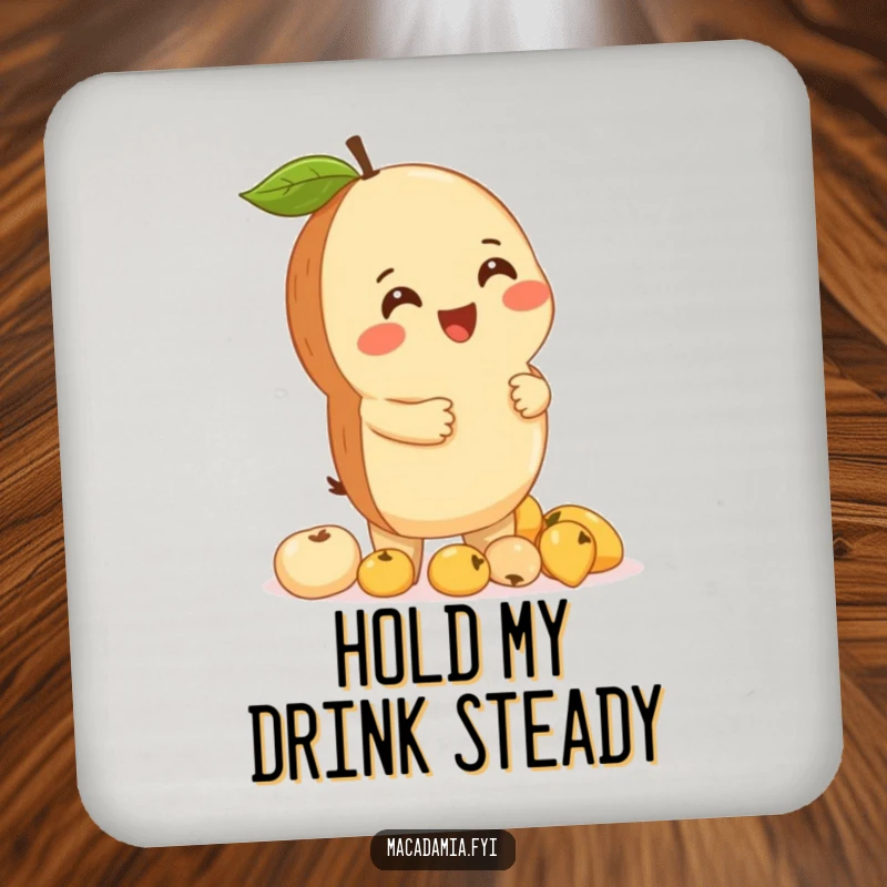 Funny macadamia nut character giggling while balancing a stack of tiny fruits, featured on drink coasters.