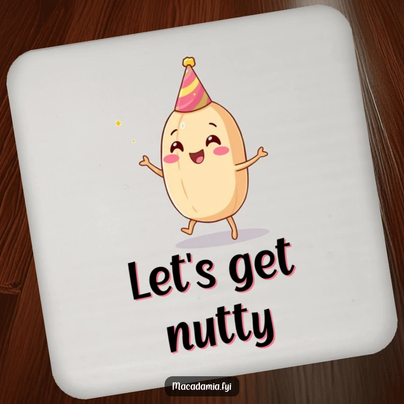 Funny macadamia nut coaster with a dancing nut in a party hat, guarding your drinks with humor.