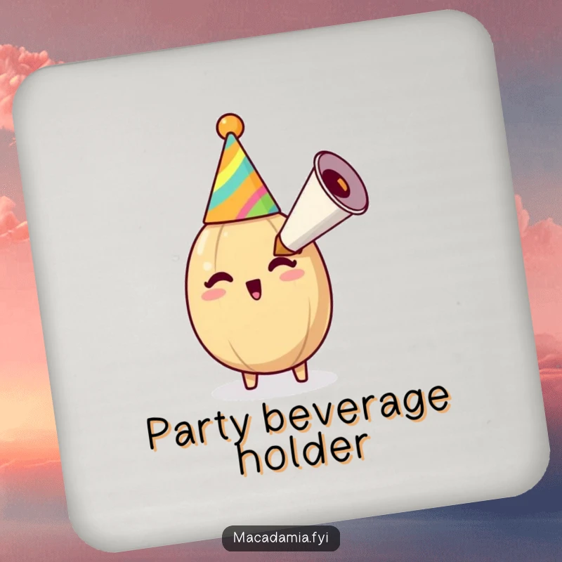 Funny macadamia nut blowing a party horn on a coaster, adding nutty celebration and protection to drink surfaces.