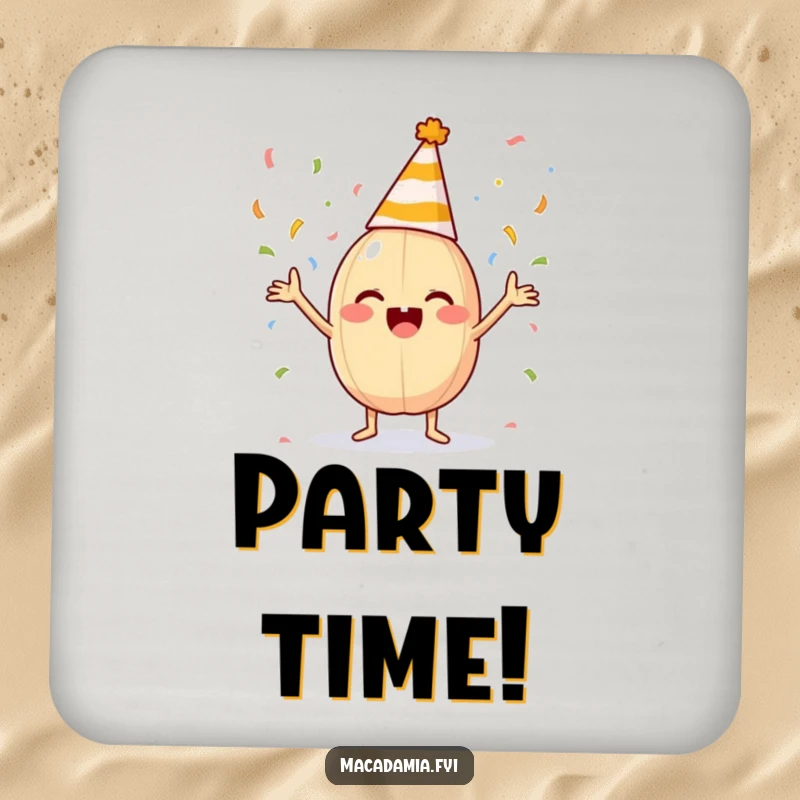 A funny coaster featuring a macadamia nut in a party hat excitedly tossing confetti.