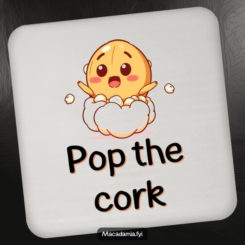 Funny drink coaster featuring a macadamia nut character bursting from a popcorn kernel with a surprised grin, adding playful humor to tables.