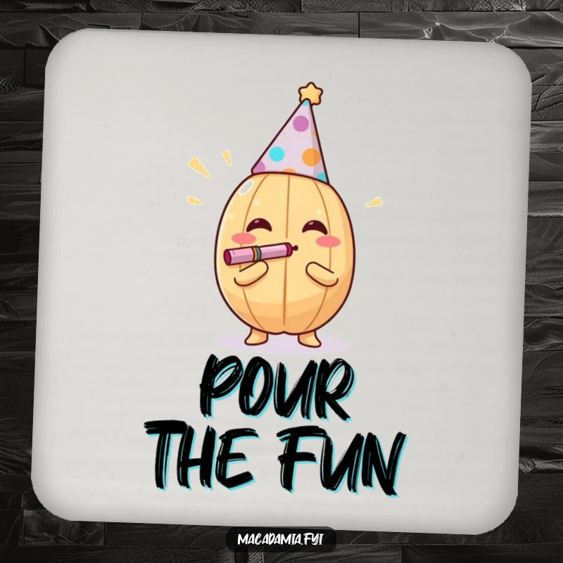 Funny macadamia nut blowing a noisemaker on drink coasters, adding festive decor, a funny gift.