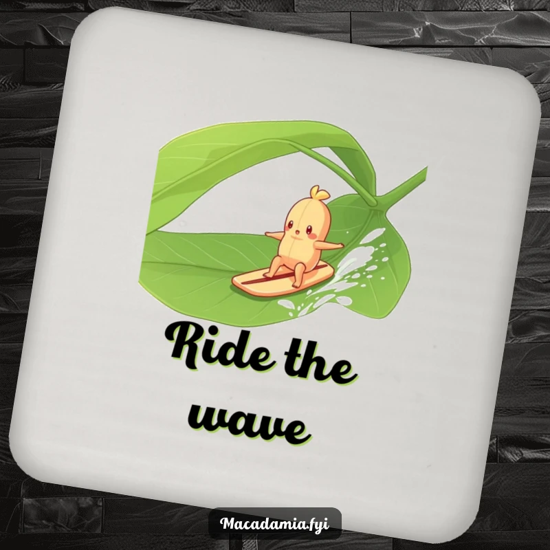 Funny Macadamia Nut character surfing a large green leaf in a gentle breeze, for humorous surface protection and tropical flair.