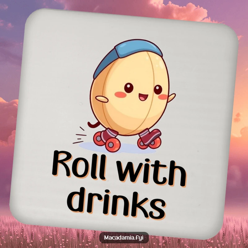 Funny macadamia nut drink coaster showcasing a macadamia nut in tiny roller skates rolling downhill, protecting furniture with nutty humor.