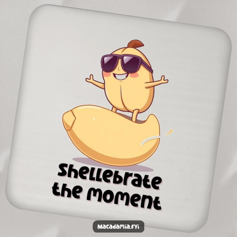 Funny Surfing Nut Coasters featuring a grinning macadamia nut in sunglasses surfing on a giant cashew nut, offering cool protection.