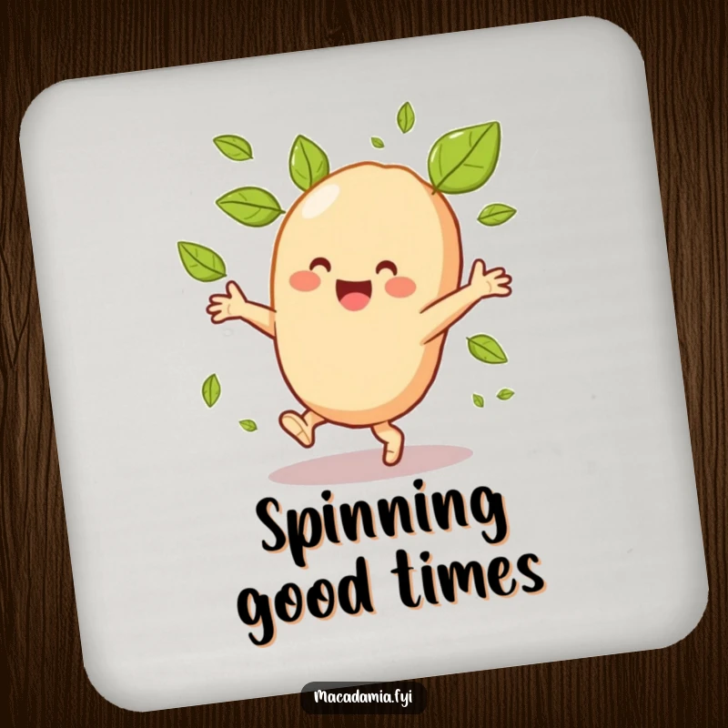 Funny macadamia nut doing a cartwheel with swirling leaves on a protective drink coaster.