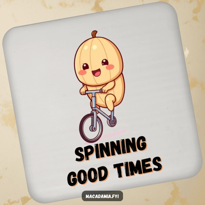 Funny kawaii macadamia nut riding a tiny unicycle with a big smile, featured on this humorous protective coaster.