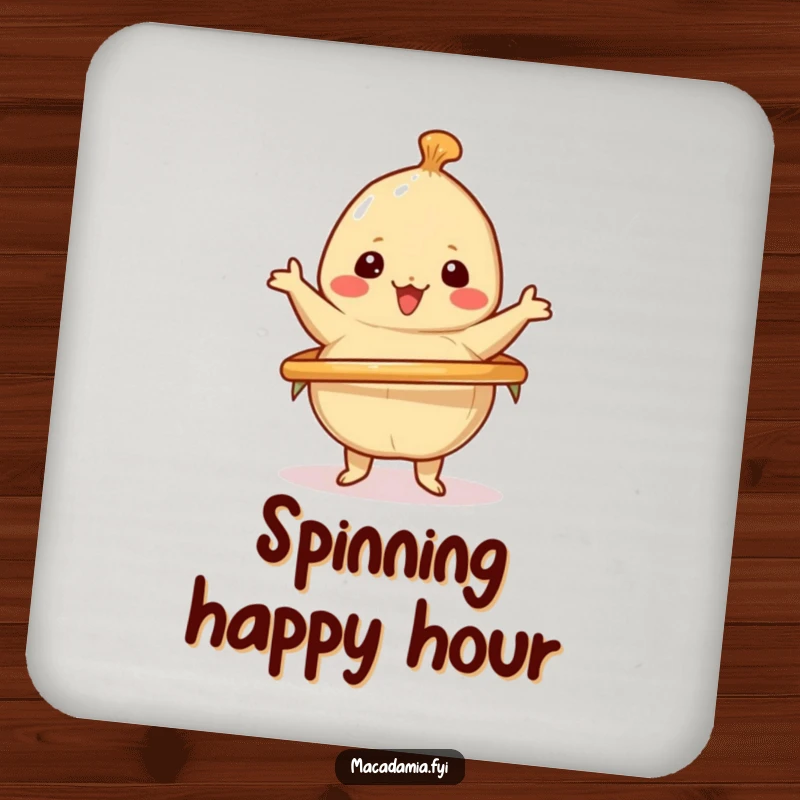 Funny drink coaster featuring a kawaii macadamia nut cheerfully spinning a hula hoop, offering playful and humorous surface protection.